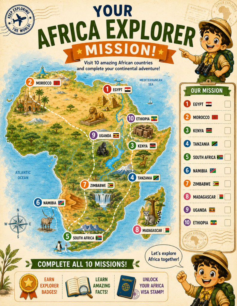 Africa Explorer geography activity book featuring countries, culture, food, animals and maps