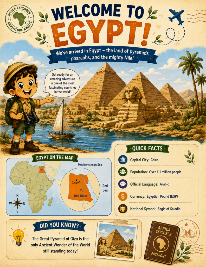 Welcome to Egypt page from the Africa Explorer activity book featuring country facts, landmarks, culture, and geography for kids.