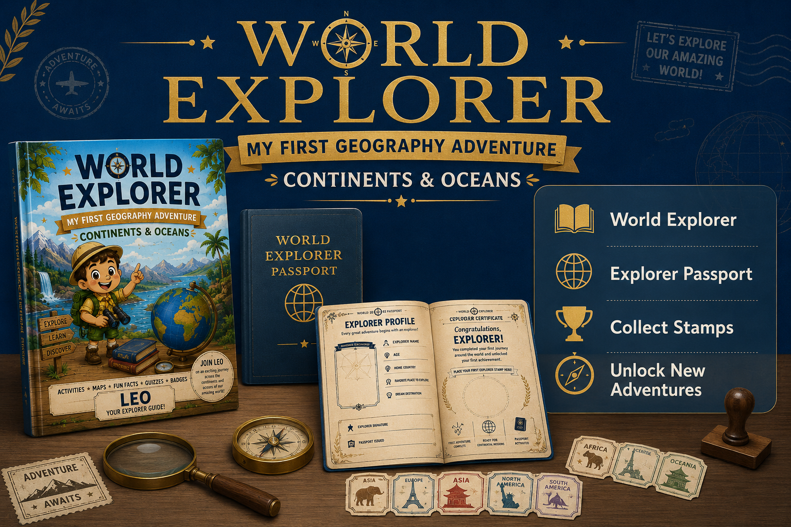 World Explorer learning system with passport, achievement stamps, badges and geography activities for kids