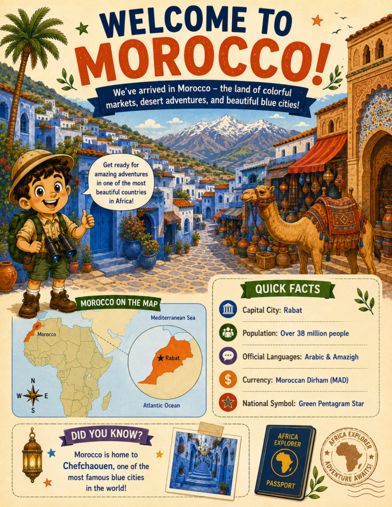 Welcome to Morocco page from the Africa Explorer activity book featuring country facts, landmarks, culture, and geography for kids.