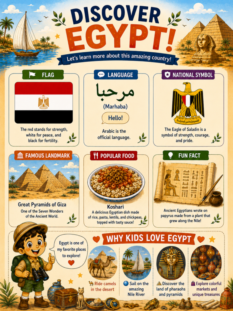 Discover Egypt page from the Africa Explorer activity book featuring country facts, landmarks, culture, and geography for kids.