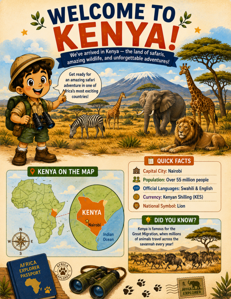 Welcome to Kenya page from the Africa Explorer activity book featuring country facts, landmarks, culture, and geography for kids.