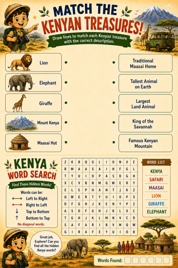Africa geography activity page for kids featuring educational puzzles, challenges, and learning games.