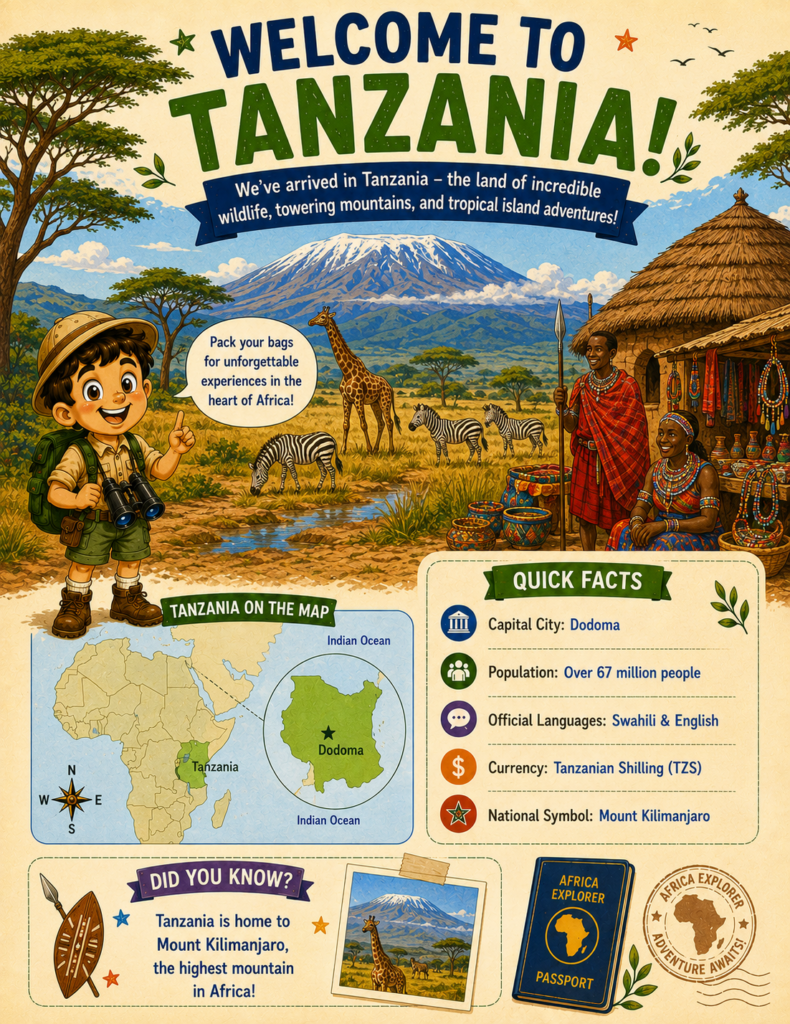 Welcome to Tanzania page from the Africa Explorer activity book featuring country facts, landmarks, culture, and geography for kids.