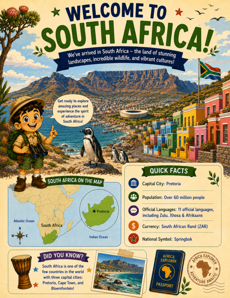 Welcome to South Afrrica page from the Africa Explorer activity book featuring country facts, landmarks, culture, and geography for kids.
