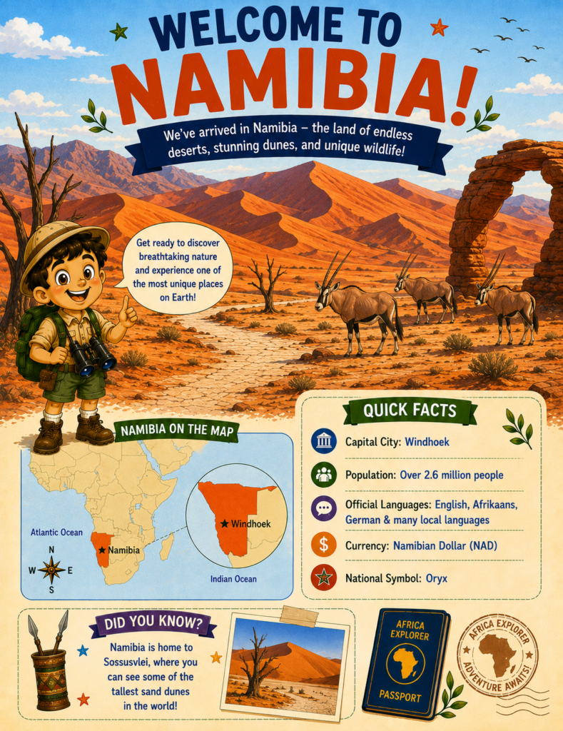 Welcome to Namibia page from the Africa Explorer activity book featuring country facts, landmarks, culture, and geography for kids.