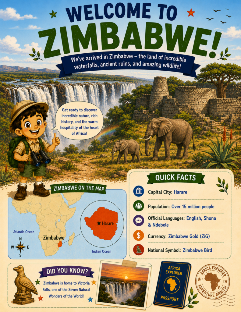 Welcome to Zimbabwe page from the Africa Explorer activity book featuring country facts, landmarks, culture, and geography for kids.