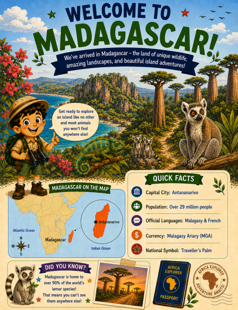 Welcome to MAdagascar page from the Africa Explorer activity book featuring country facts, landmarks, culture, and geography for kids.