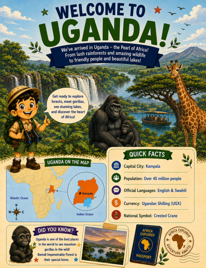 Welcome to Uganda page from the Africa Explorer activity book featuring country facts, landmarks, culture, and geography for kids.