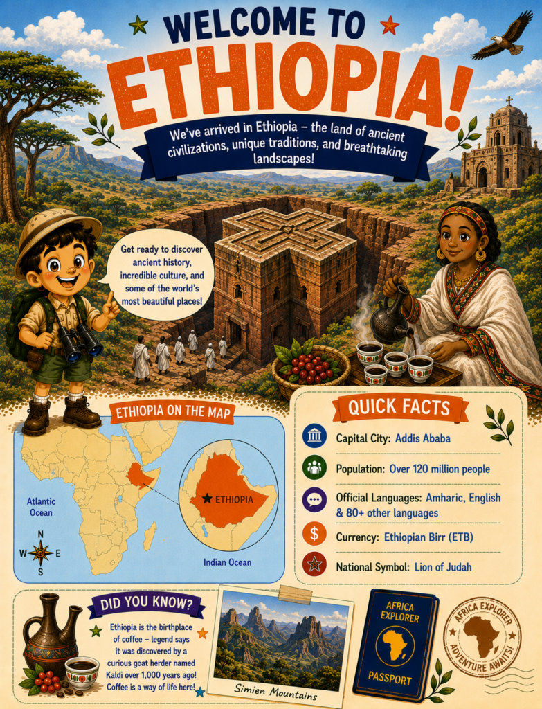 Welcome to Ethiopia page from the Africa Explorer activity book featuring country facts, landmarks, culture, and geography for kids.