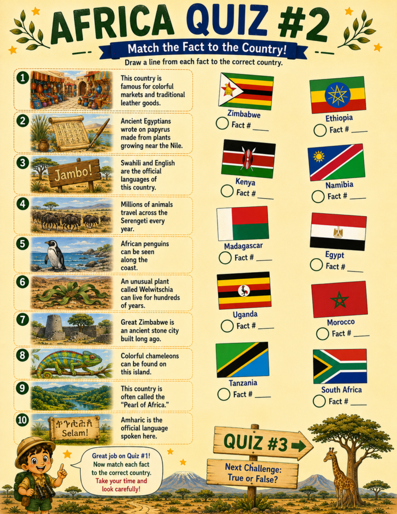 Africa quiz activity page for kids designed to test geography knowledge through fun educational questions.