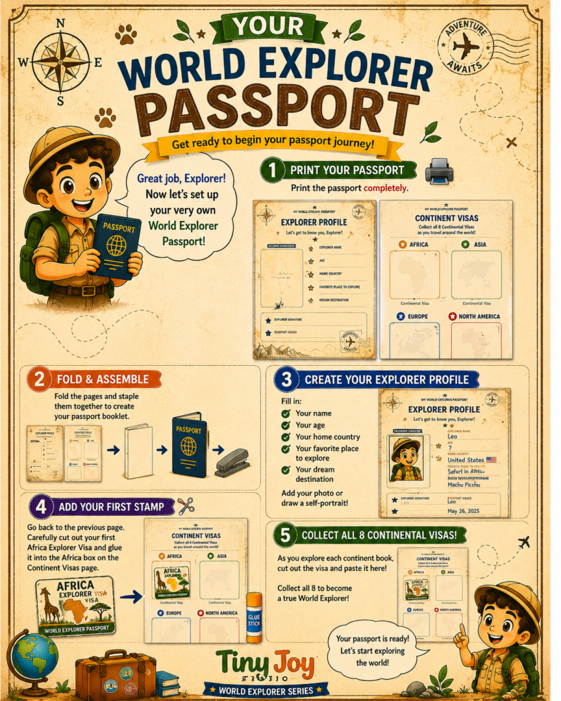 Africa passport visa stamp reward from the World Explorer geography activity book series for kids.