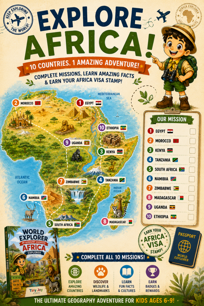 Africa Explorer mission map for kids featuring 10 African countries, landmarks, animals, and geography adventure activities from the World Explorer series.