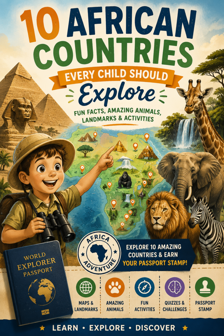 10 African countries every child should explore with fun facts, animals, landmarks, maps, and geography activities for kids.