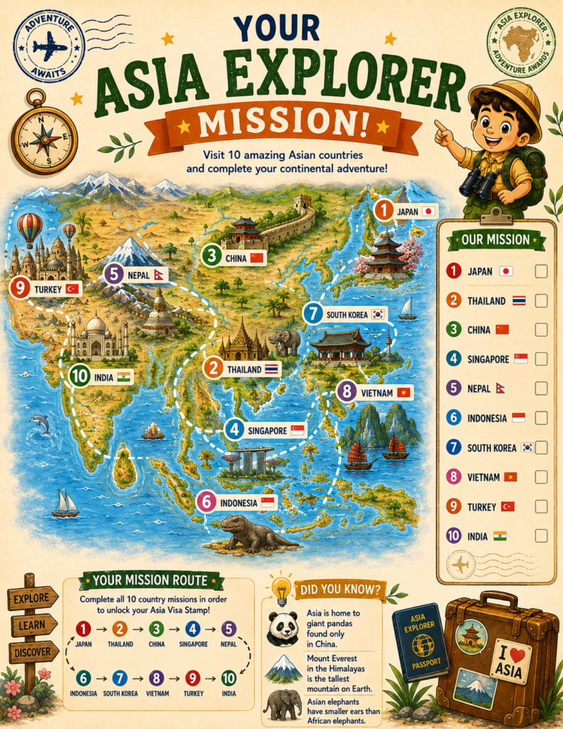 Asia Explorer geography activity book featuring countries, culture, food, animals and maps