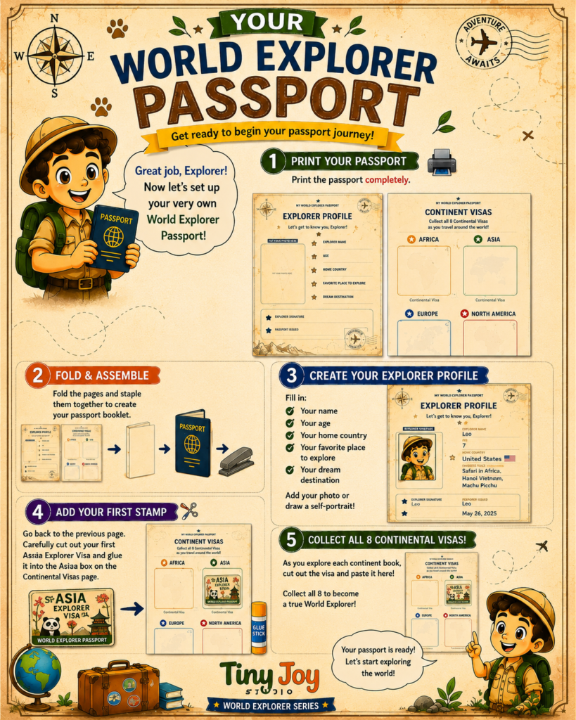 World Explorer Passport with collectible stamps, badges and geography learning achievements