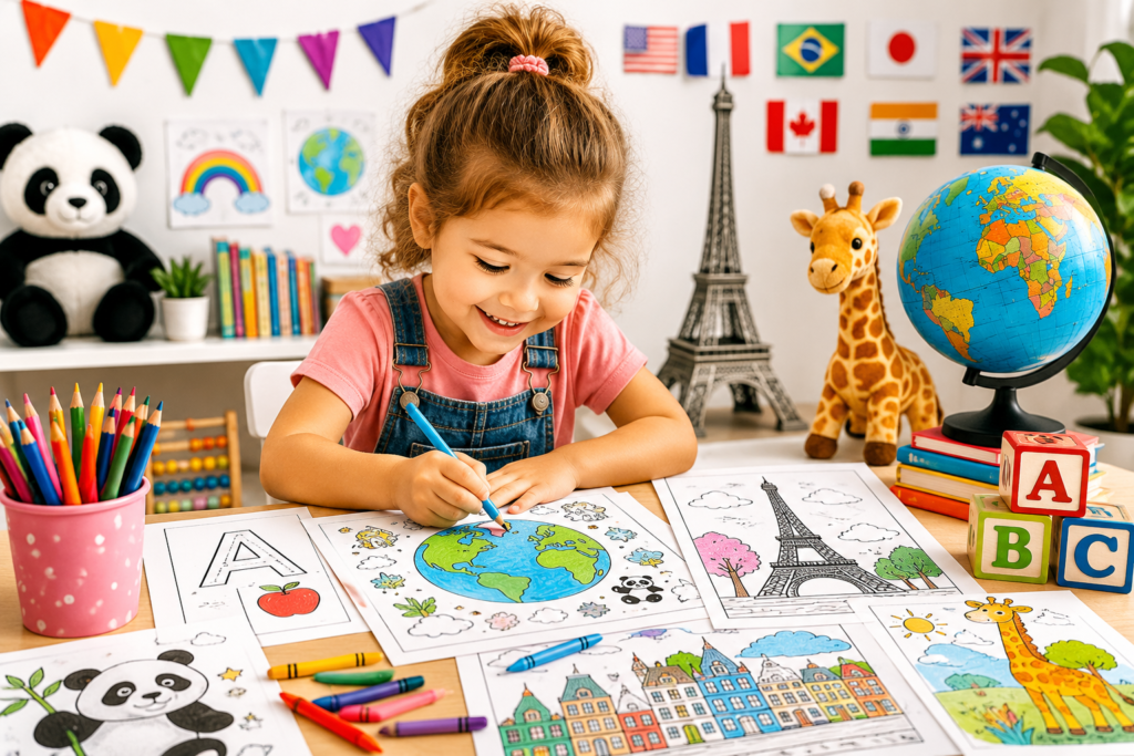 Educational coloring pages for preschoolers featuring countries, animals, letters, and famous landmarks that encourage creativity, learning, and exploration.