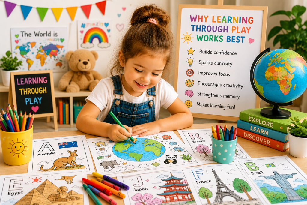 Preschool child learning through play with educational coloring worksheets, geography activities, alphabet practice, and creative learning resources.
