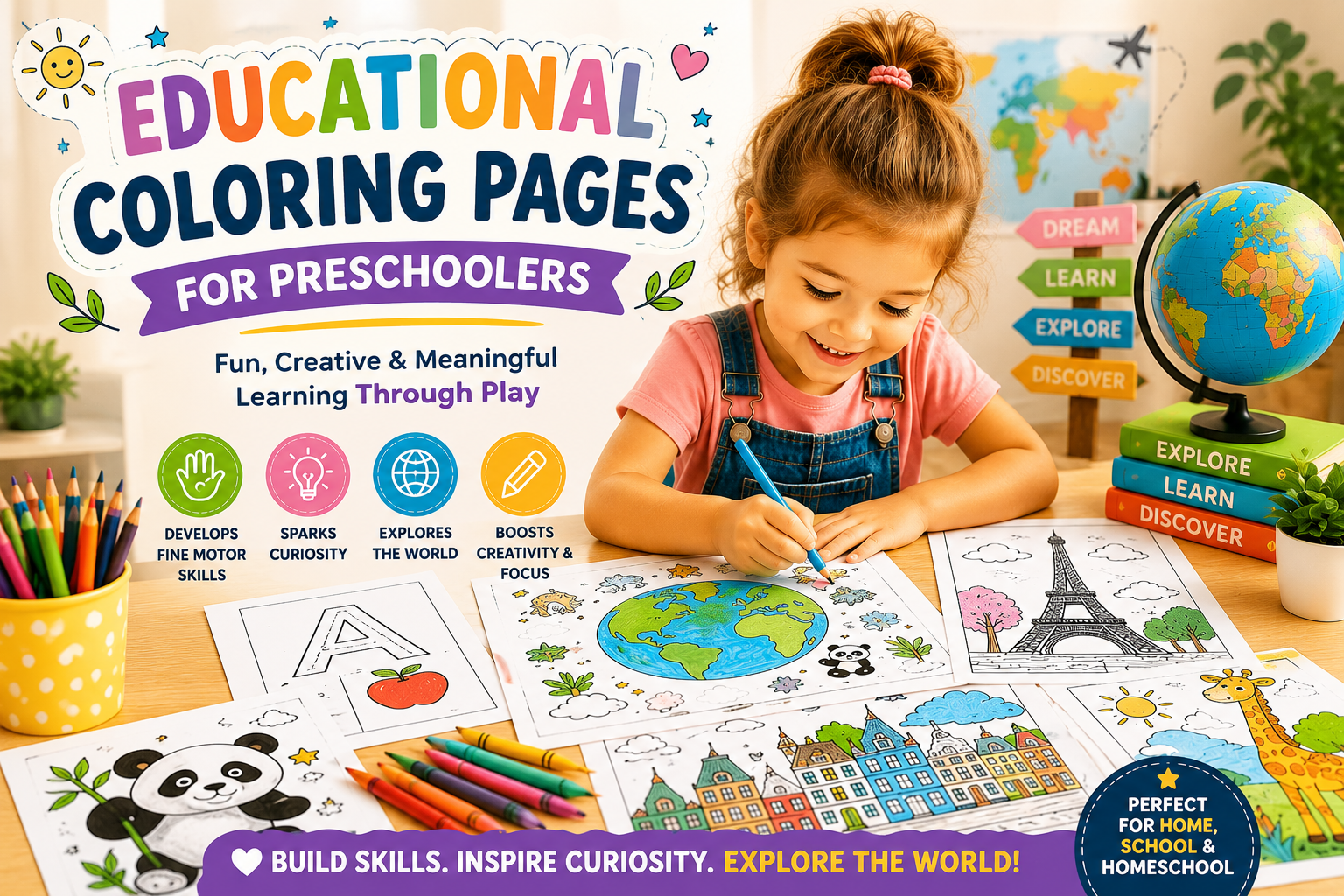 Educational coloring pages for preschoolers featuring letters, animals, countries, famous landmarks, and creative learning activities that help children learn through play.