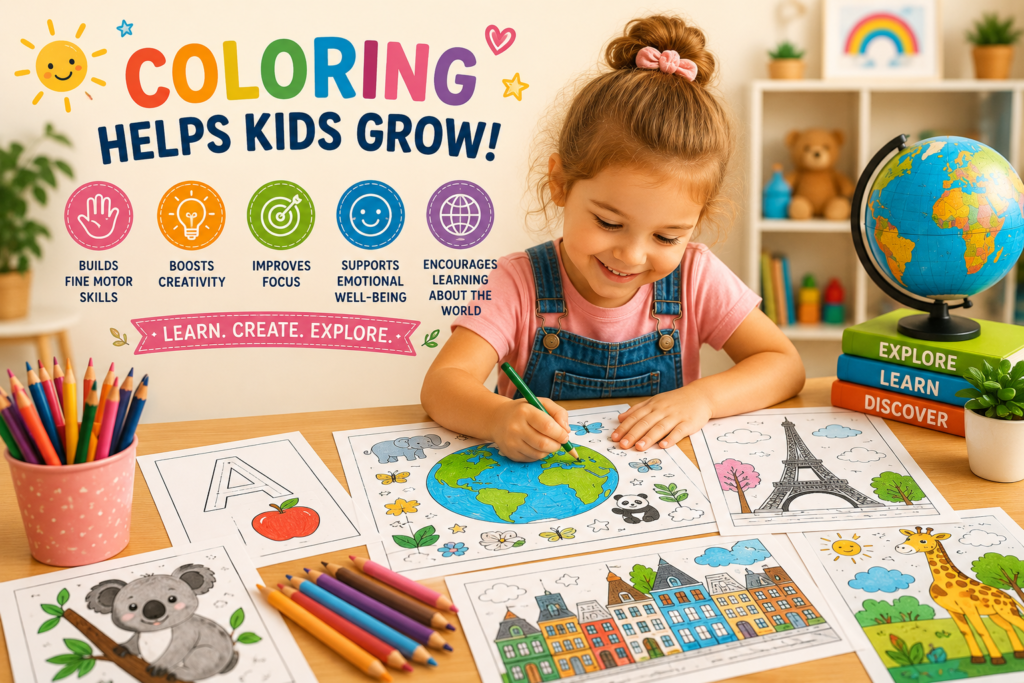 Coloring activities for kids that support creativity, learning, fine motor skills, and exploration through educational worksheets.