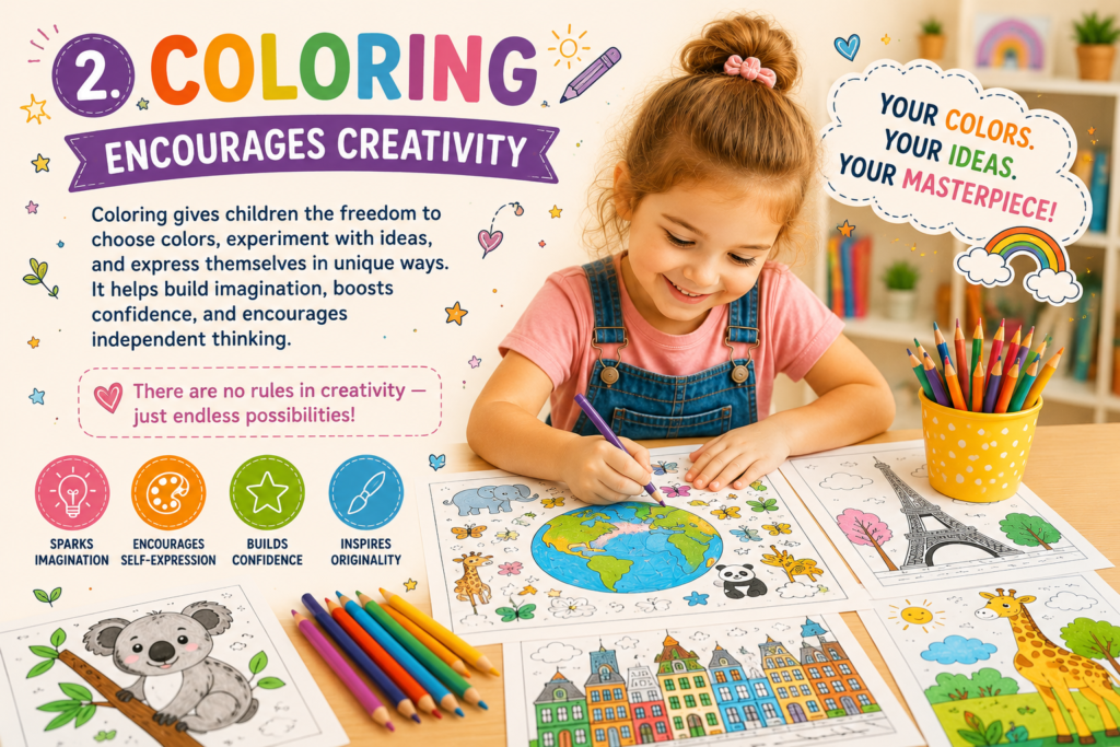 Coloring activities that encourage creativity, imagination, self-expression, and confidence in young children.