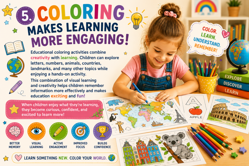Educational coloring activities for kids featuring letters, countries, landmarks, and geography that make learning more engaging and memorable.