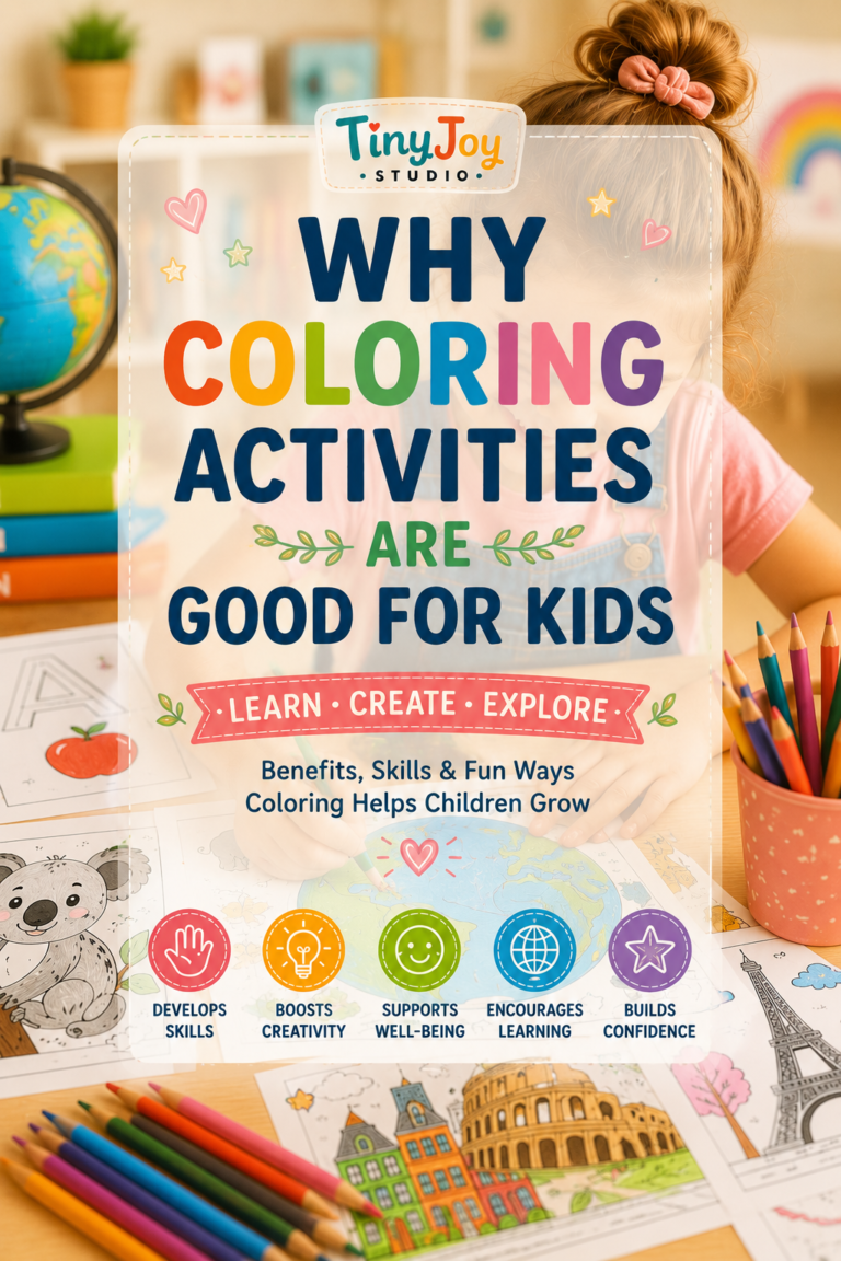 Why coloring activities are good for kids cover featuring educational coloring pages, world geography, animals, landmarks, and creative learning activities that support child development through play.
