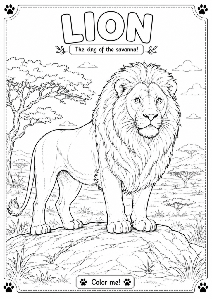Printable lion coloring page from an educational animal activity book for kids