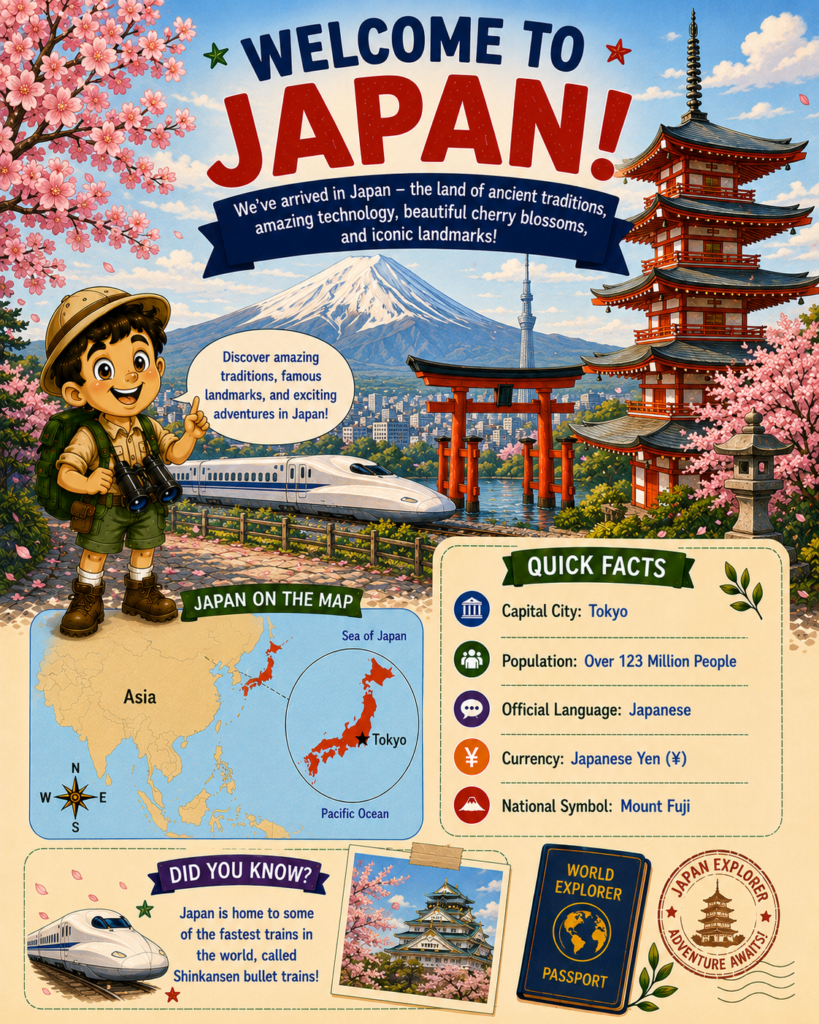 Japan for kids geography activity page with map, Mount Fuji, cherry blossoms and country facts