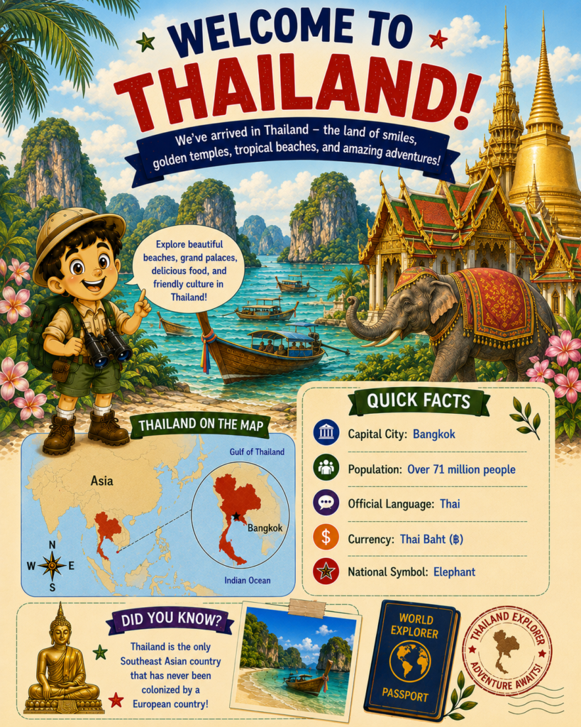 Thailand for kids geography activity page with map, elephants, temples and country facts