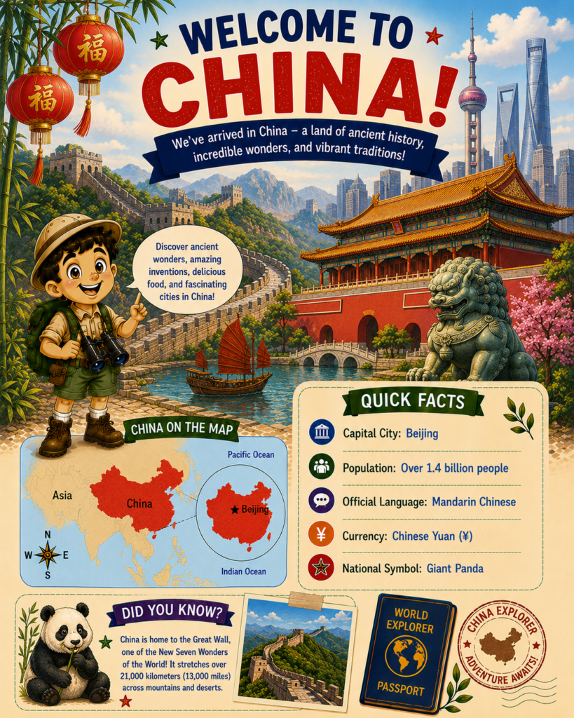 China for kids geography activity page with map, Great Wall, pandas and country facts