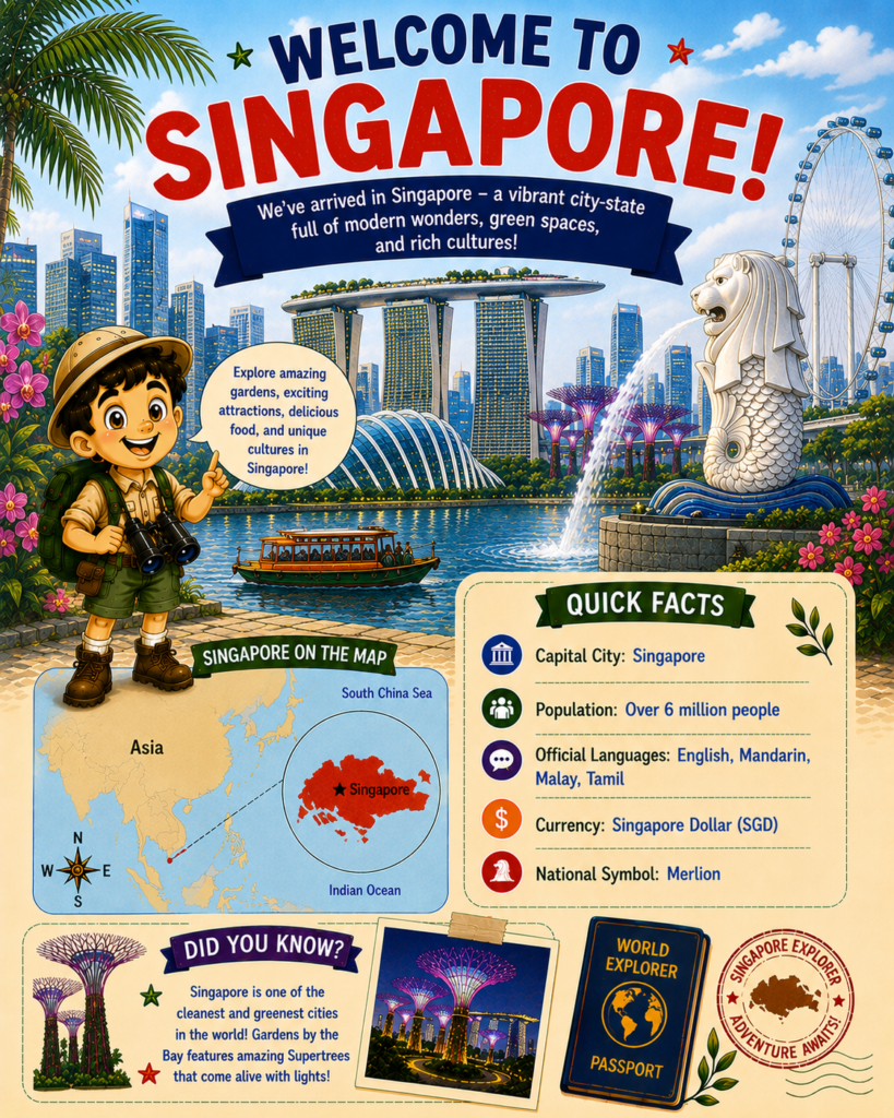 Singapore for kids geography activity page with map, landmarks and country facts