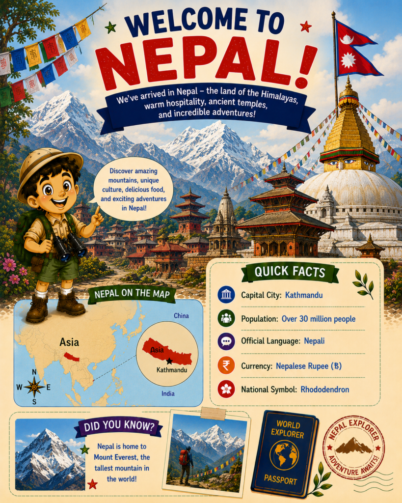 Nepal for kids geography activity page with map, Mount Everest and country facts