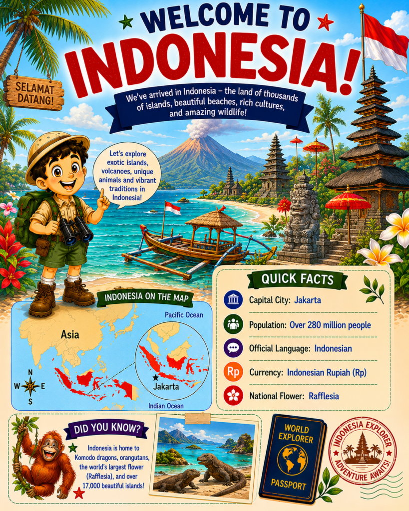 Indonesia for kids geography activity page with map, islands and country facts