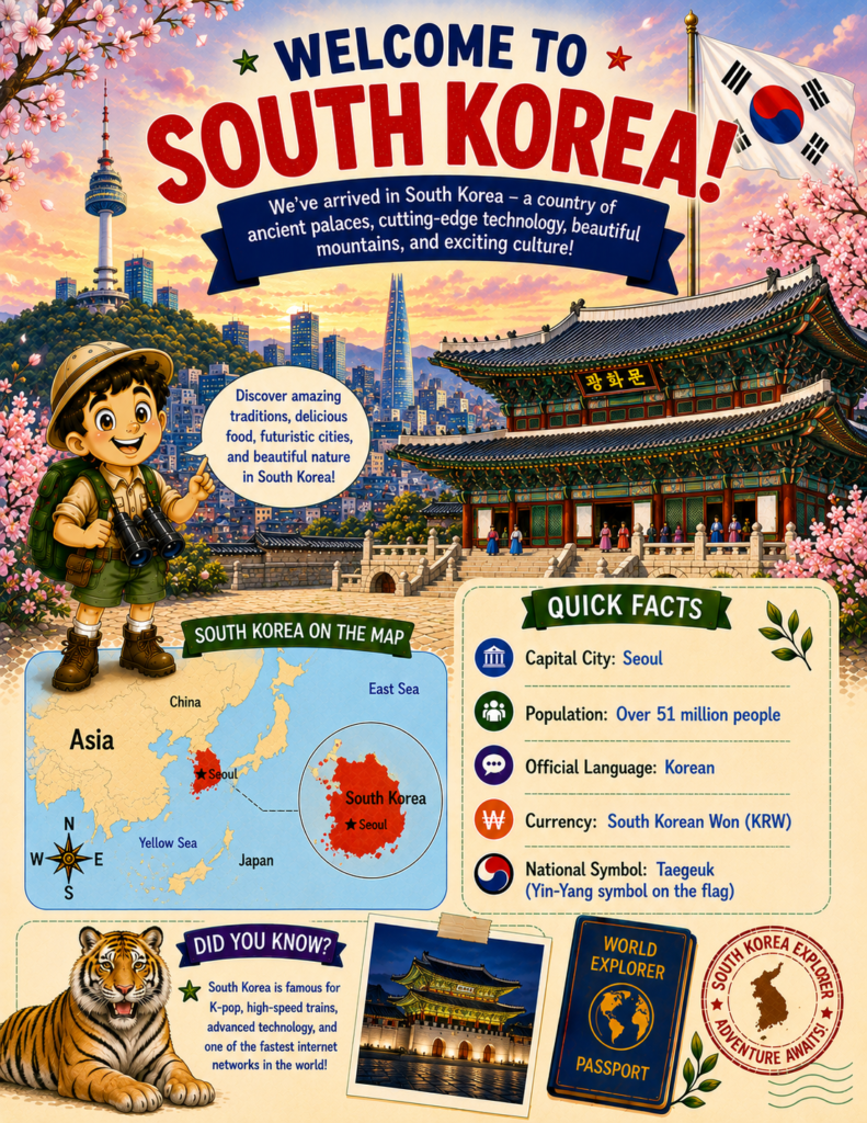 South Korea for kids geography activity page with map, landmarks and country facts