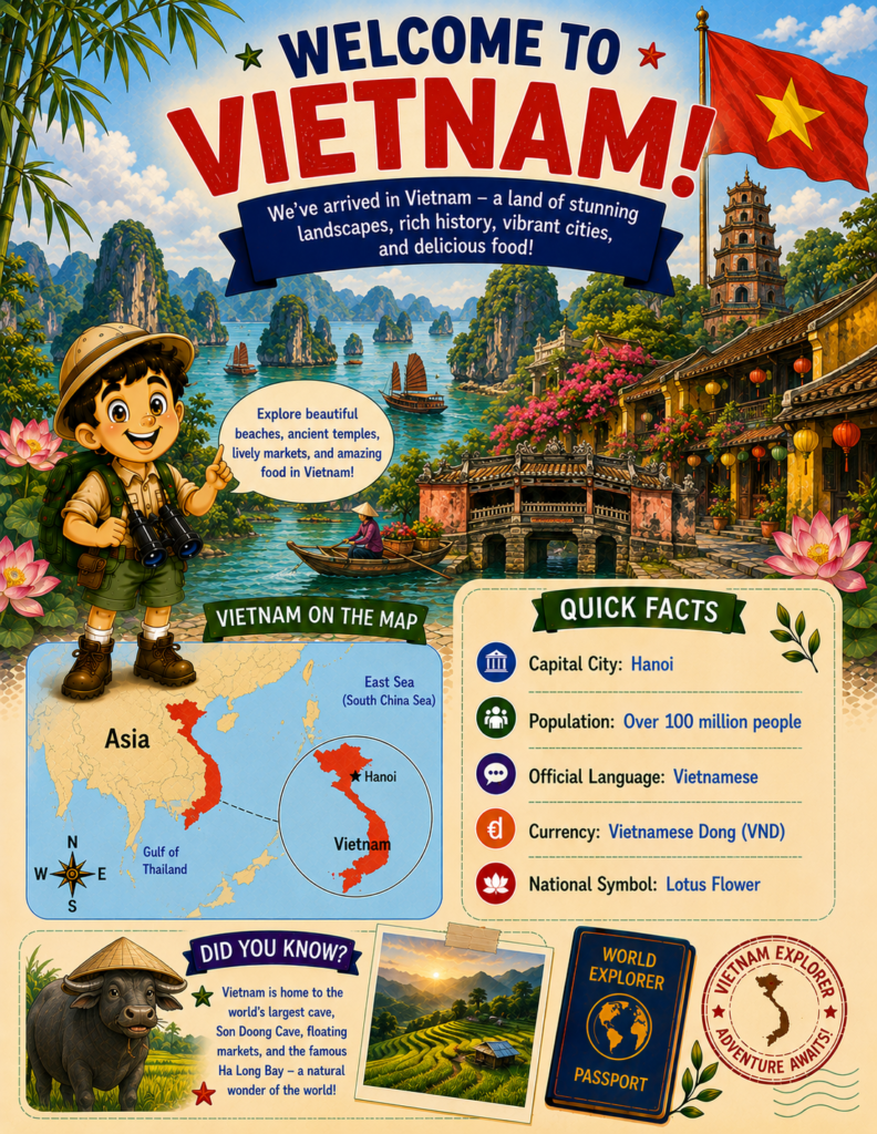 Vietnam for kids geography activity page with map, Ha Long Bay and country facts