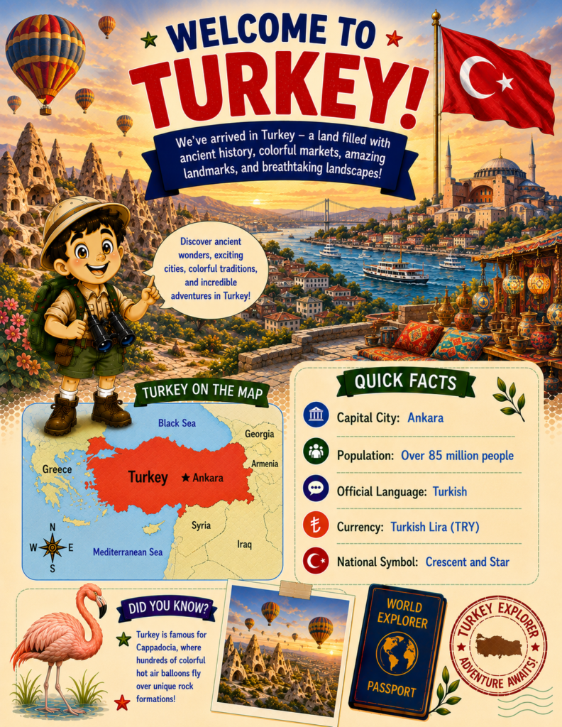 Turkey for kids geography activity page with map, landmarks and country facts