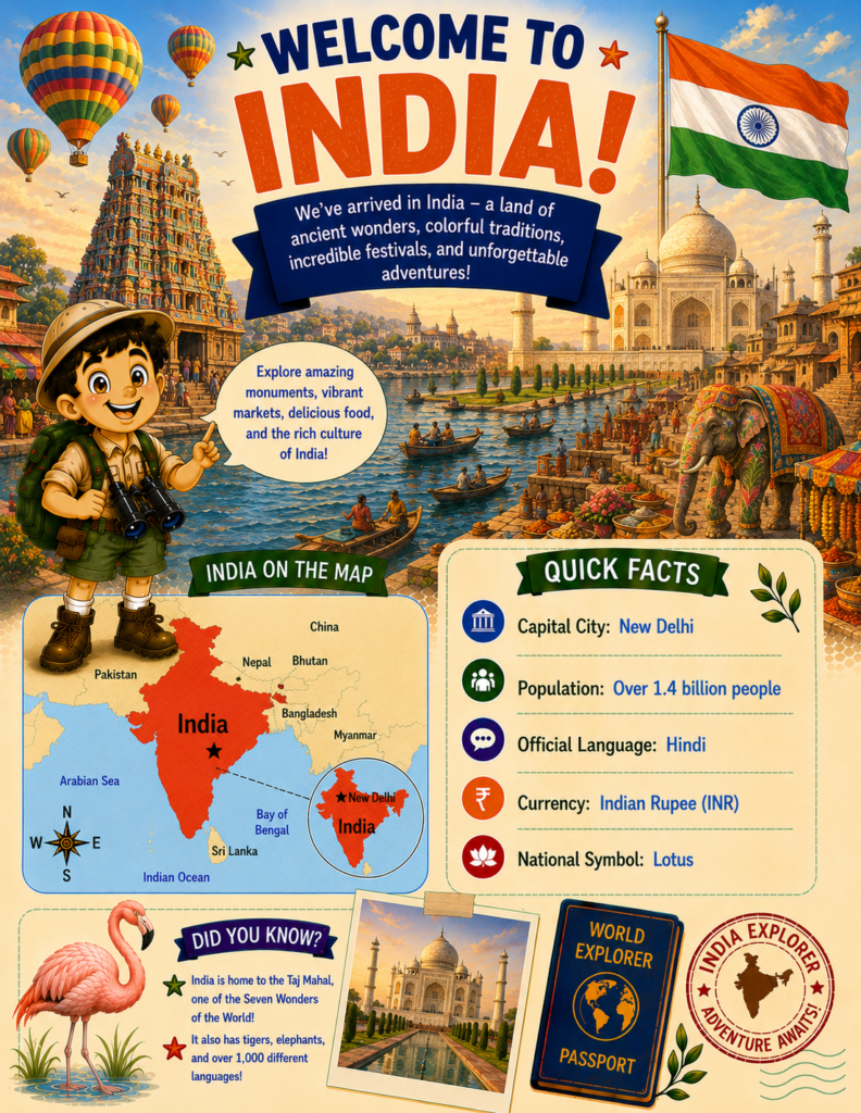 India for kids geography activity page with map, Taj Mahal and country facts
