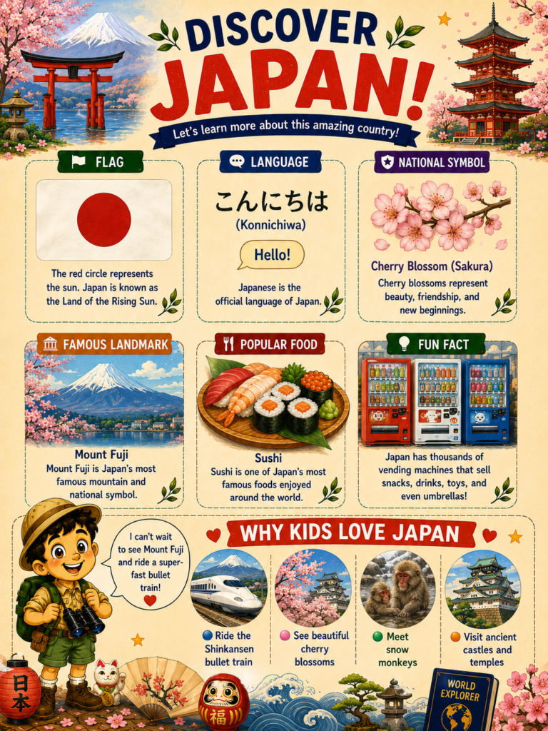 Japan learning page for kids featuring flag, sushi, Mount Fuji, language and cultural facts