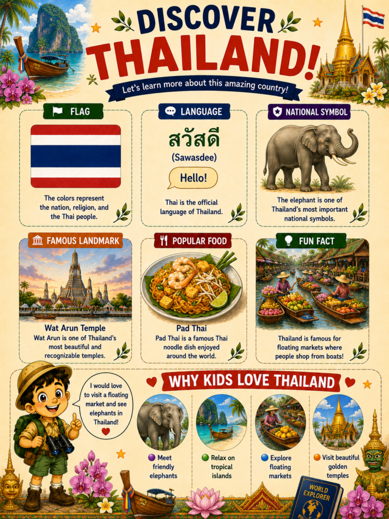 Thailand learning page for kids featuring flag, Pad Thai, elephants and cultural facts