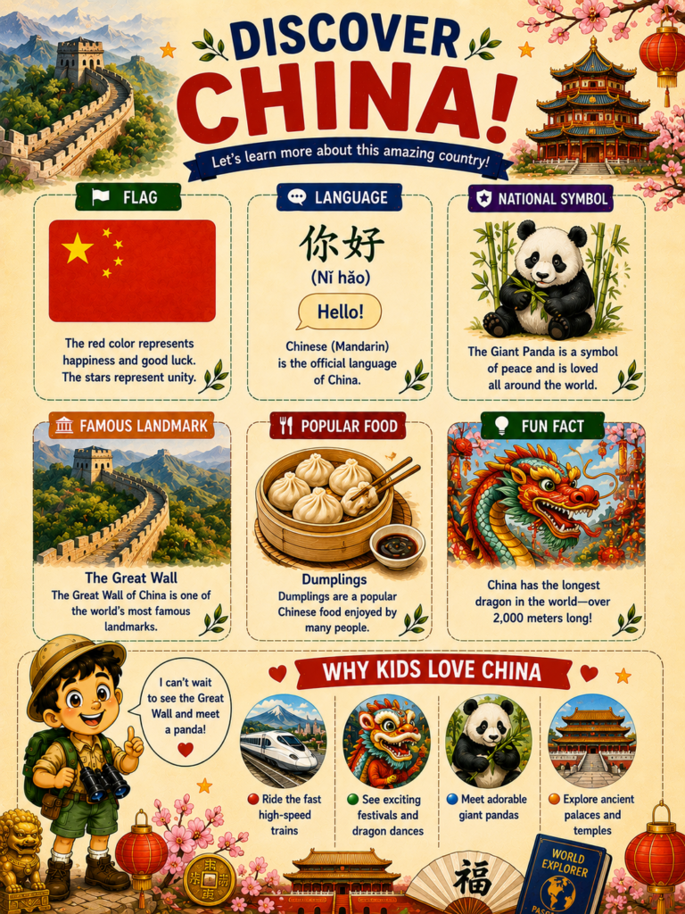 China learning page for kids featuring flag, giant panda, dumplings and cultural facts