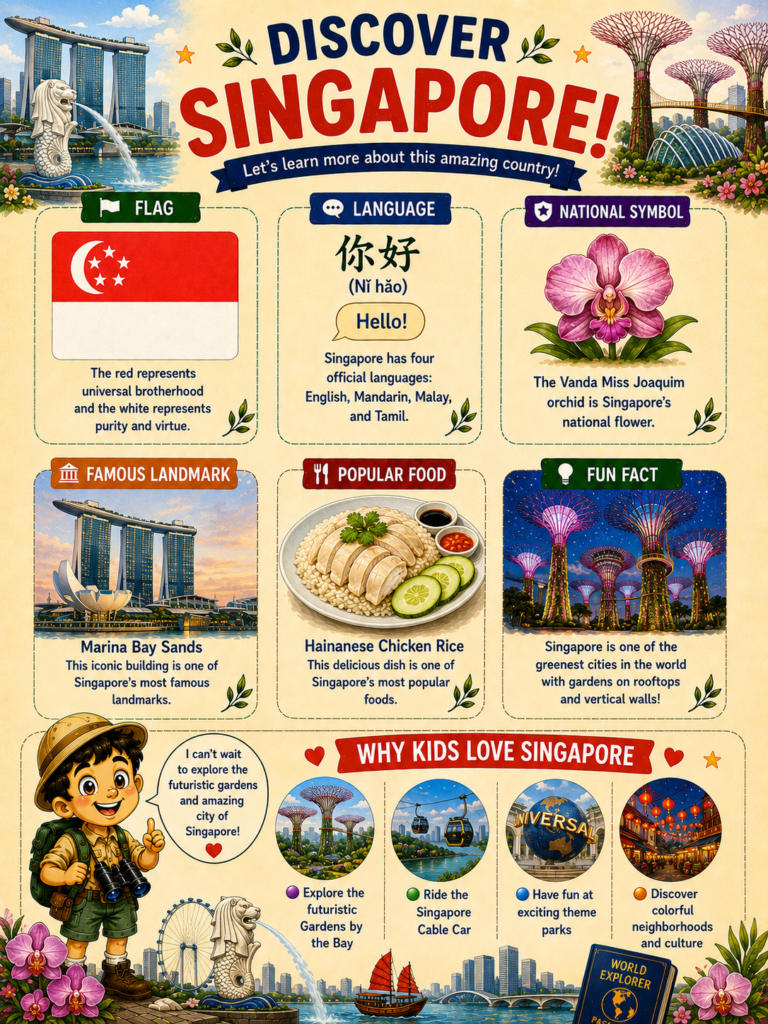 Singapore learning page for kids featuring culture, food and famous attractions
