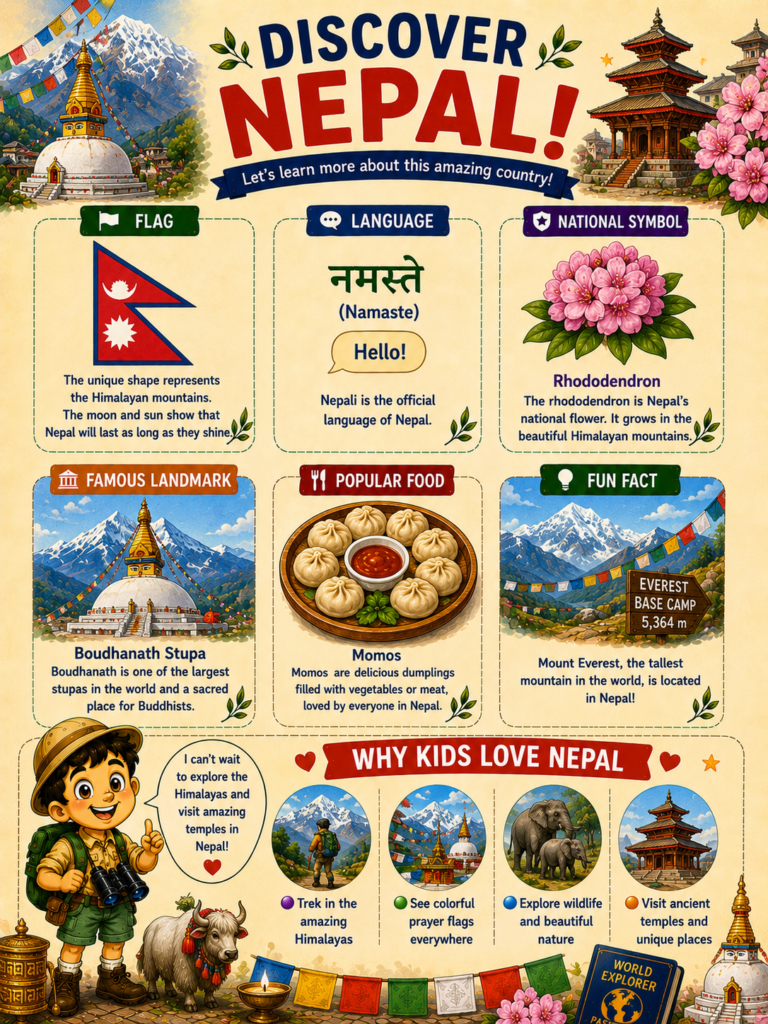 Nepal learning page for kids featuring culture, landmarks and geography facts