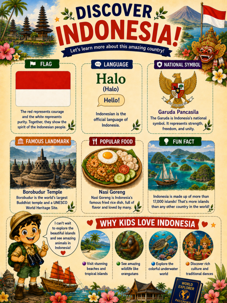 Indonesia learning page for kids featuring Komodo dragons, culture and geography facts