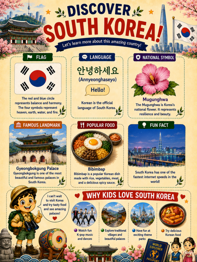 South Korea learning page for kids featuring flag, culture, food and traditions