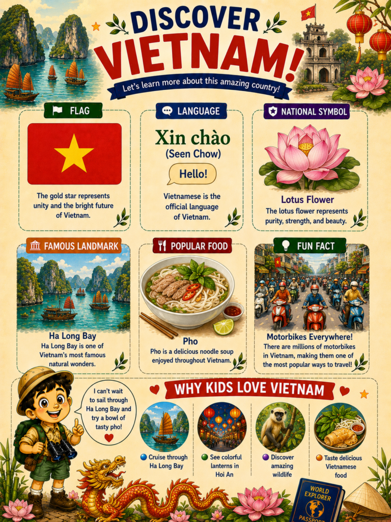 Vietnam learning page for kids featuring flag, culture, food and famous places
