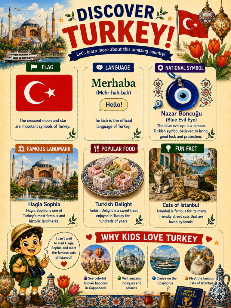Turkey learning page for kids featuring culture, food and famous places