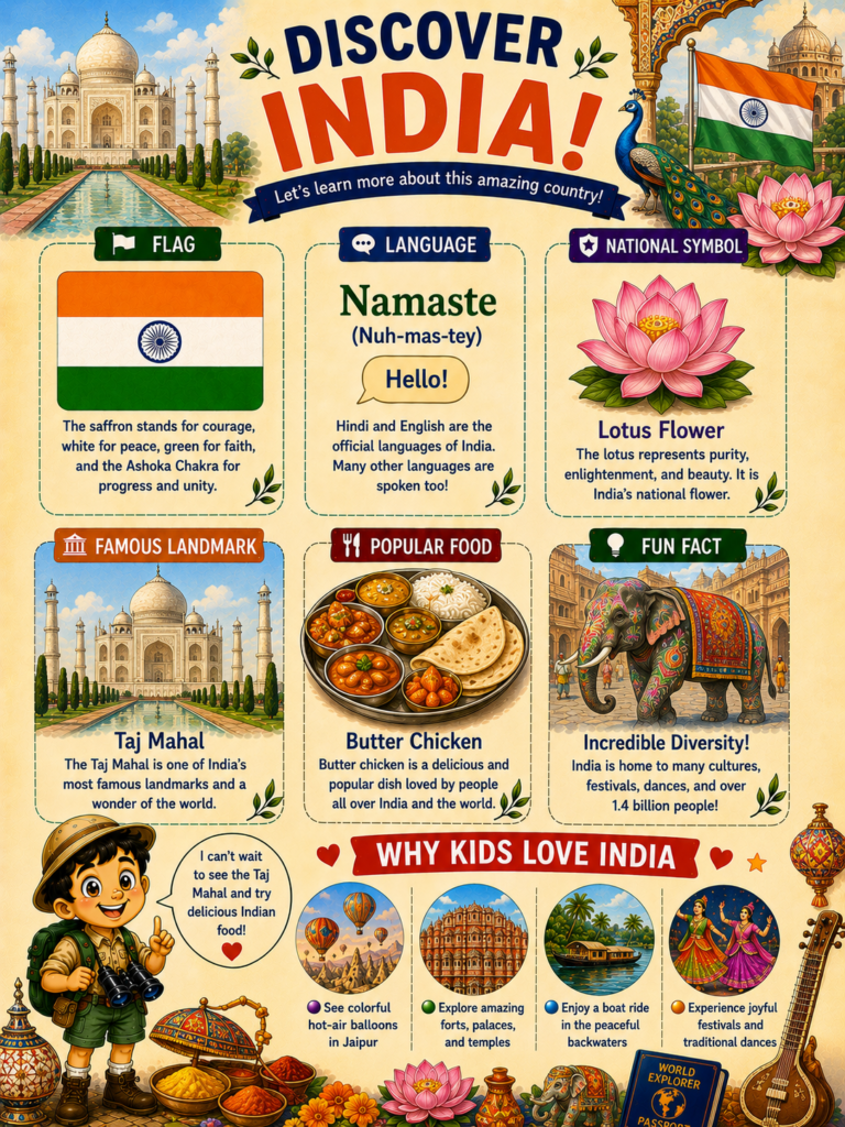 India learning page for kids featuring flag, wildlife, culture and famous landmarks
