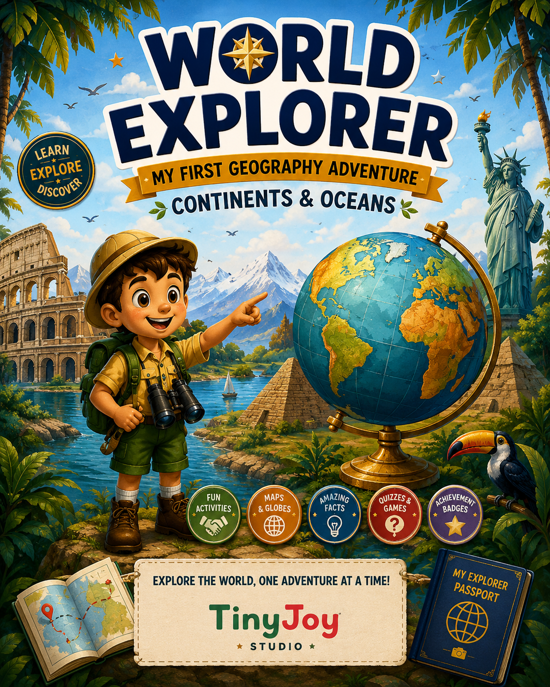 World Explorer geography learning system featuring adventure-based learning, explorer passports, collectible stamps and geography activities for kids