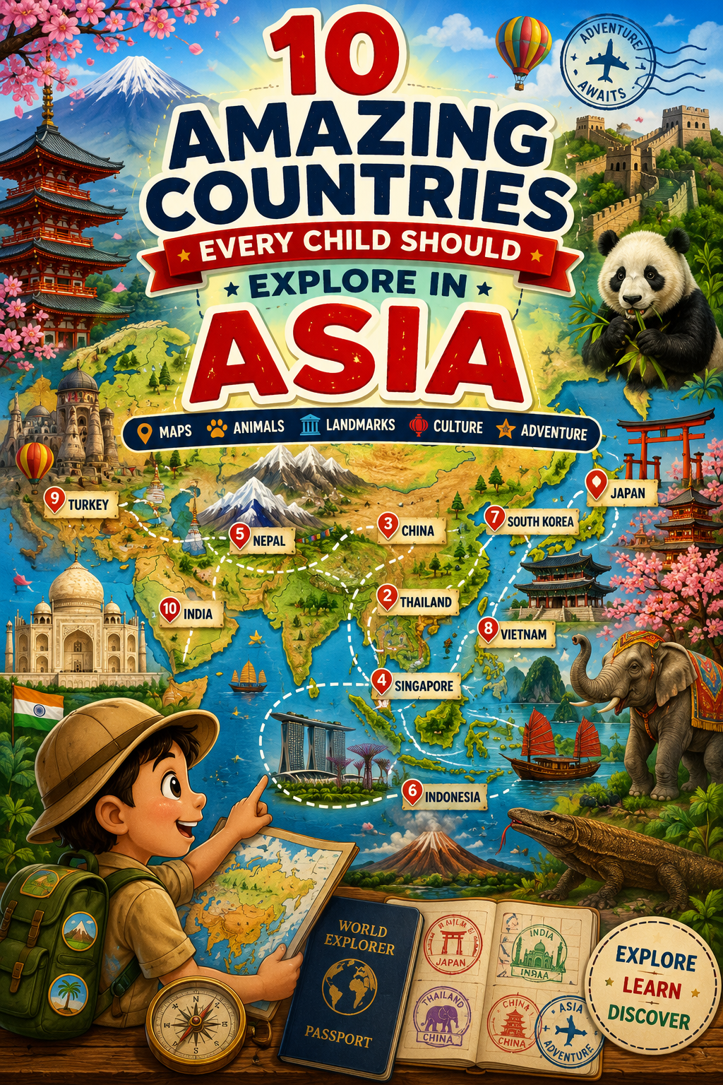 Asian countries for kids featuring Japan, China, India, Thailand, famous landmarks, animals, explorer passport and geography adventure